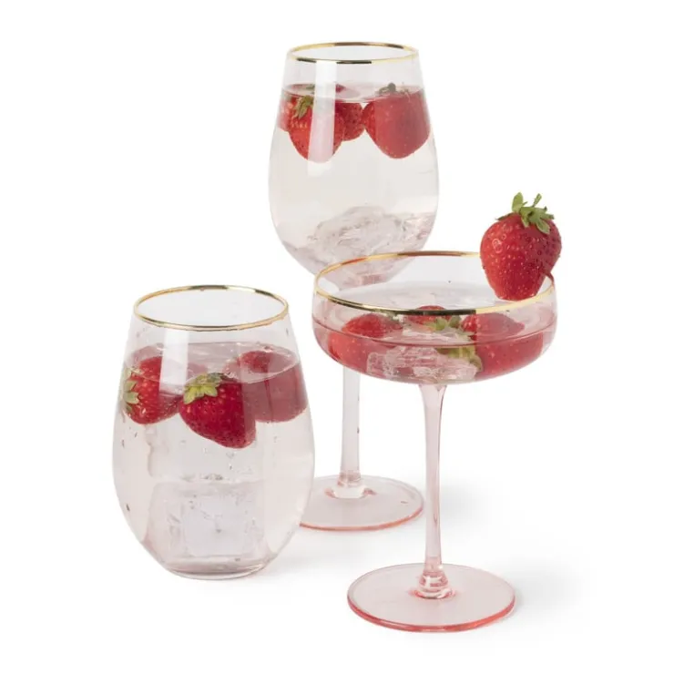 Xenos Wijnglas gouden rand - roze - 380 ml- Wijnglazen