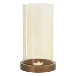 Xenos Windlicht glas en hout groot - beige/bruin - ø12x25 cm- Lantaarns