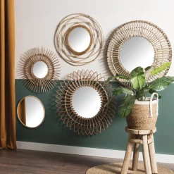 Xenos Zonnespiegel met rotan rand - ø55 cm- Wandspiegels